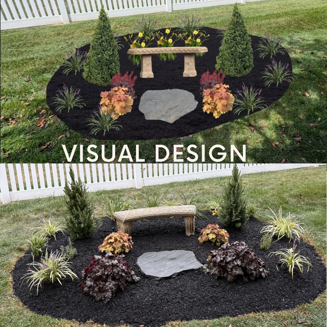 3D landscape design rendering of a garden bench feature next to the finished installation
