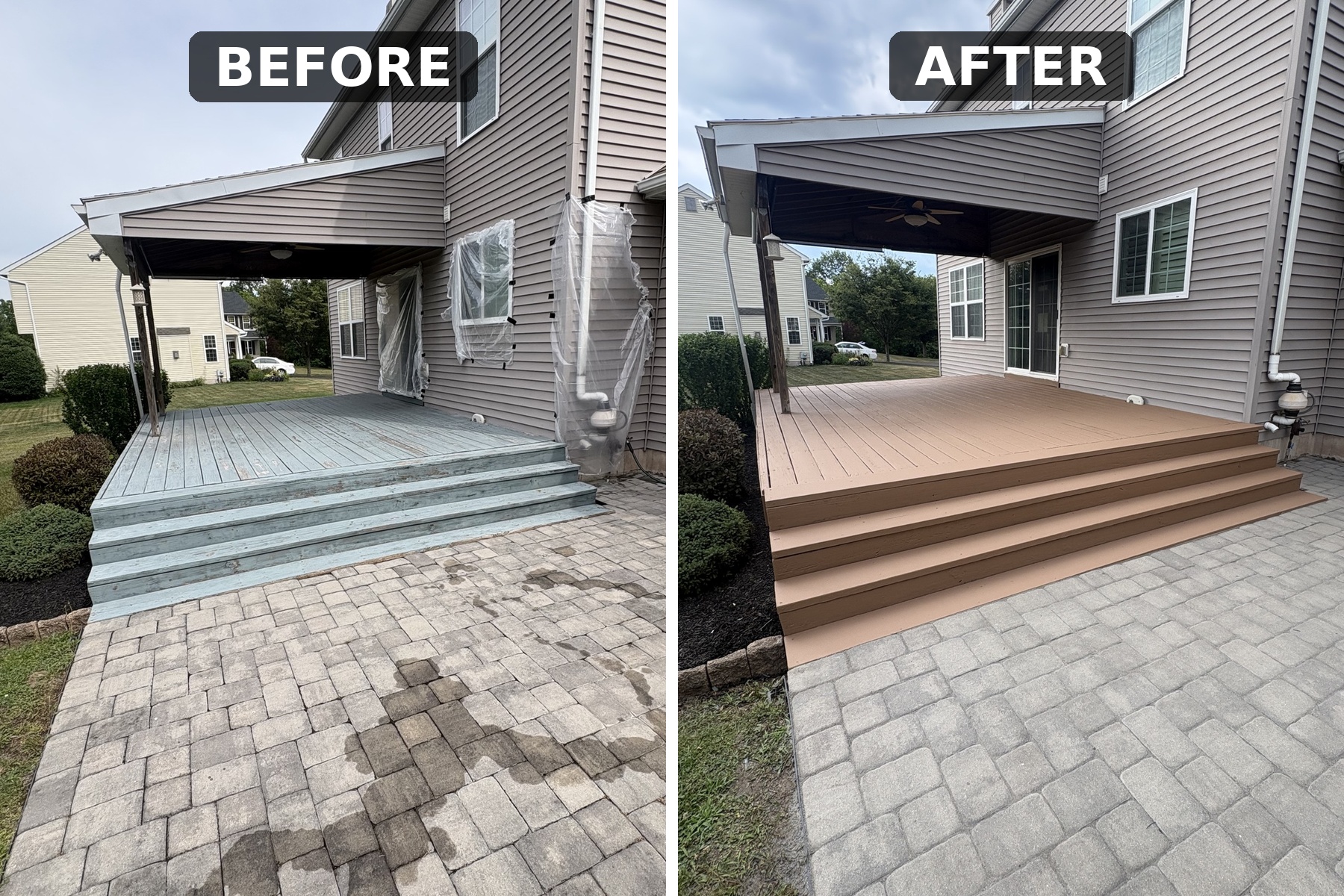 Before and after of a weathered wood deck restored with fresh stain and paint