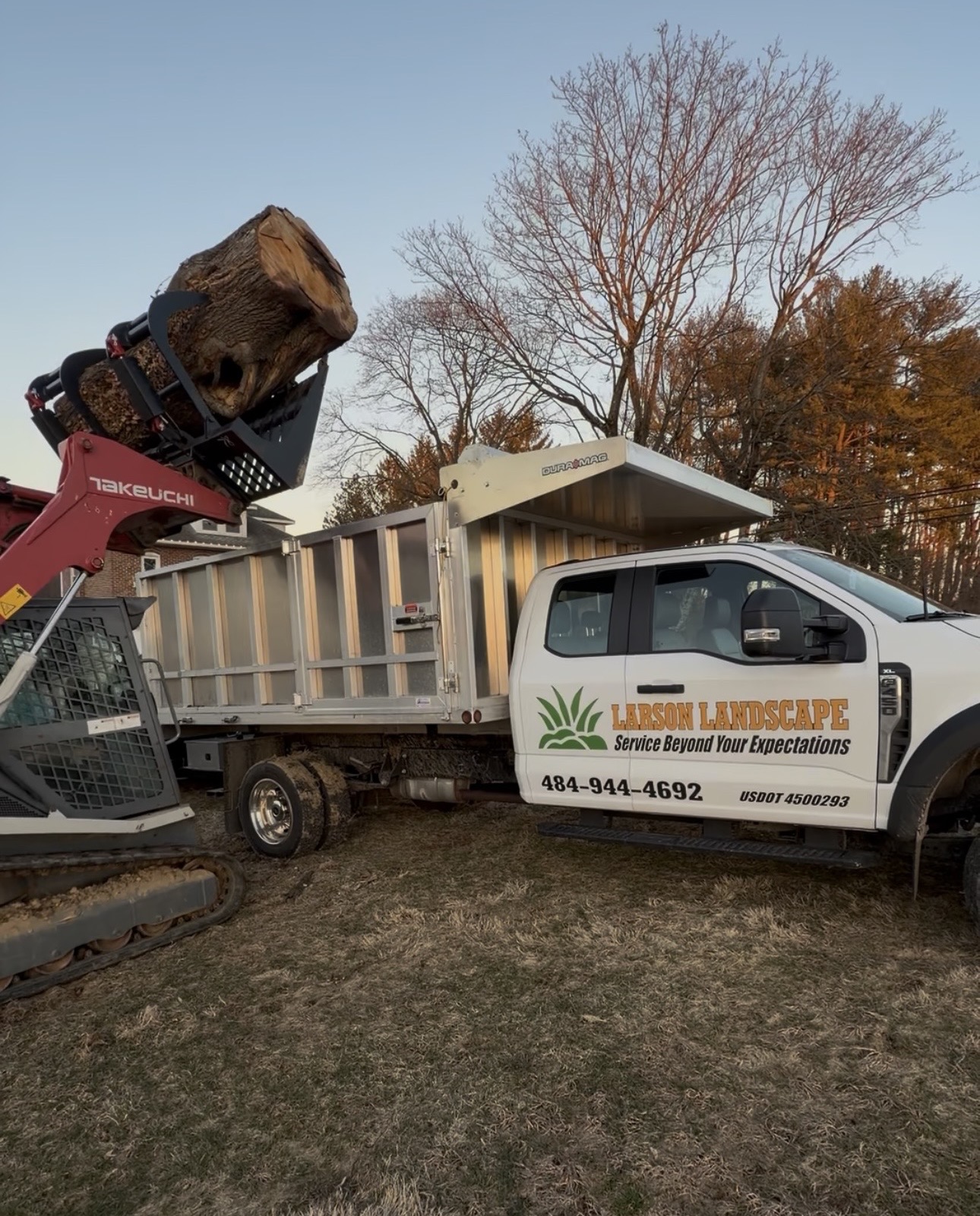 Larson Landscape branded dump truck and Takeuchi skid steer loading a large tree log on a job site