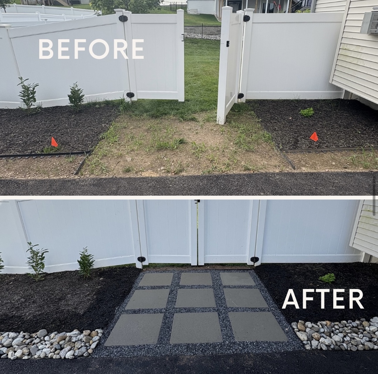 Before and after of a backyard paver stepping-stone walkway with fresh mulch and river-rock borders